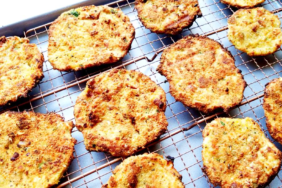 air fried eggplant slices on a baking rack