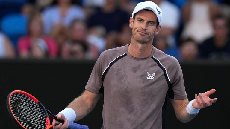 Andy Murray of Britain reacts during his first round match against Tomas Martin Etcheverry of Argentina at the Australian Open tennis championships at Melbourne Park, Melbourne, Australia, Monday, Jan. 15, 2024. (AP Photo/Andy Wong)