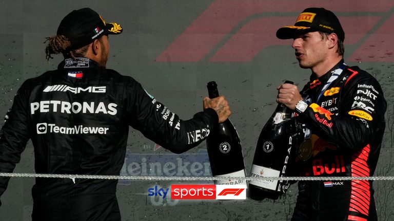 Winner Red Bull driver Max Verstappen of the Netherlands, right, and second placed Mercedes driver Lewis Hamilton of Britain celebrate on the podium at the Formula One Mexico Grand Prix auto race at the Hermanos Rodriguez racetrack in Mexico City, Sunday, Oct. 29, 2023.