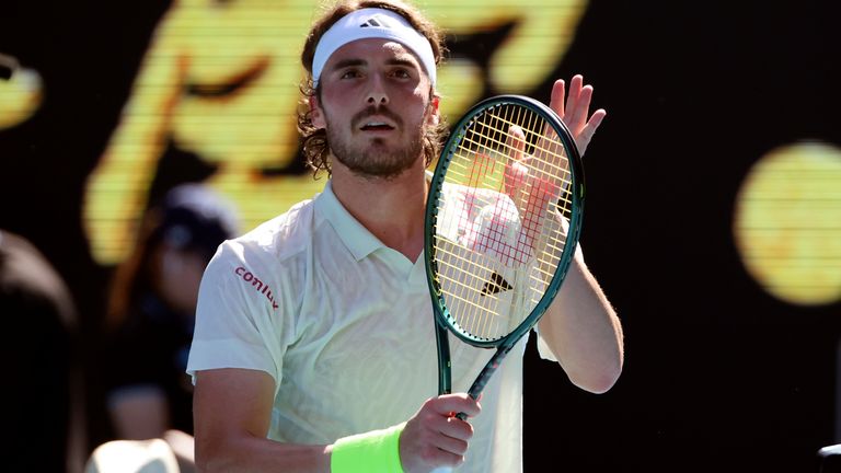 Stefanos Tsitsipas of Greece reacts after defeating Zizou Bergs from Belgium in their first round match at the Australian Open tennis championships at Melbourne Park, Melbourne, Australia, Monday, Jan. 15, 2024. (AP Photo/Asanka Brendon Ratnayake)